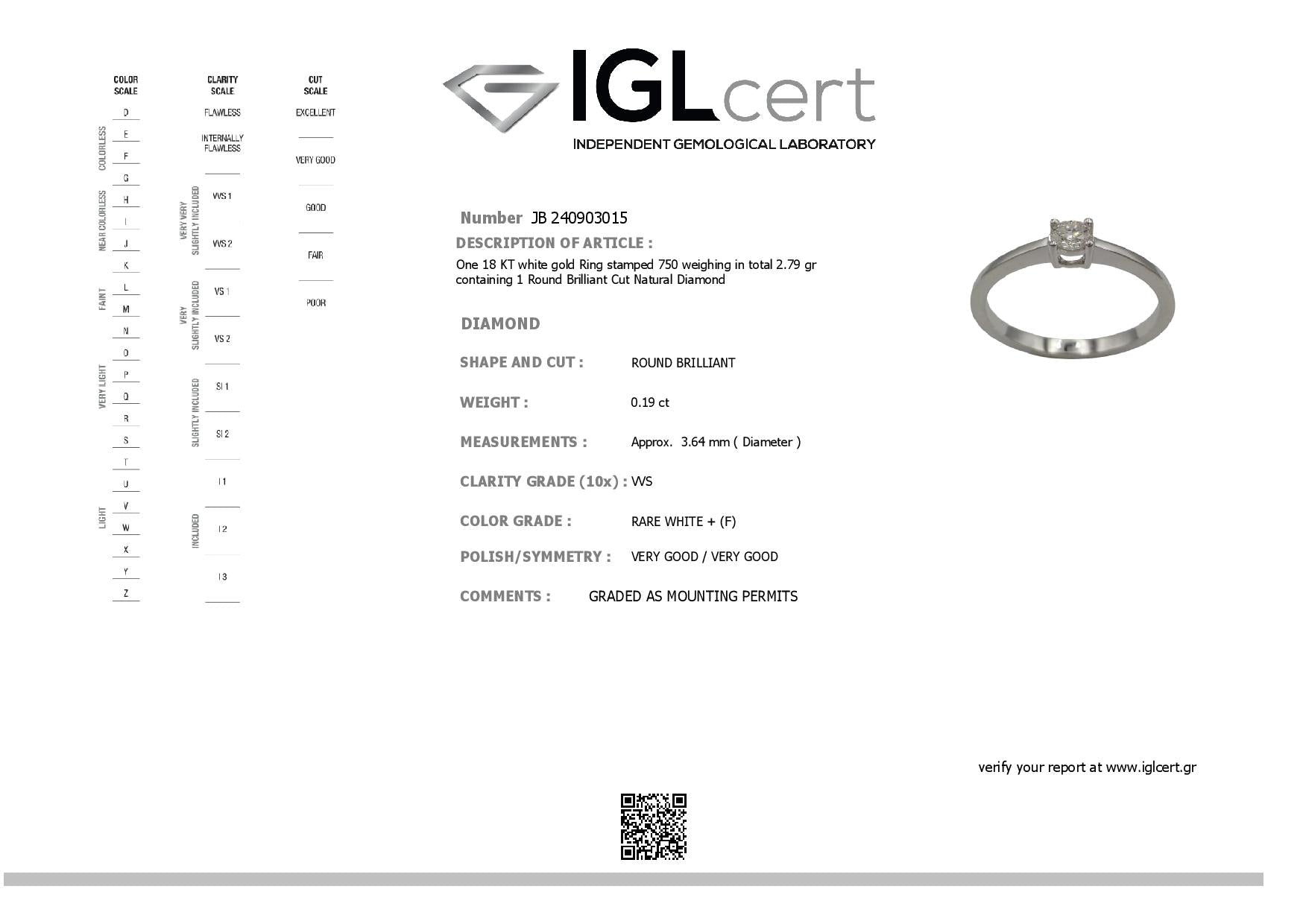 0.19ct, F, VVS2 Diamond Engagement Ring