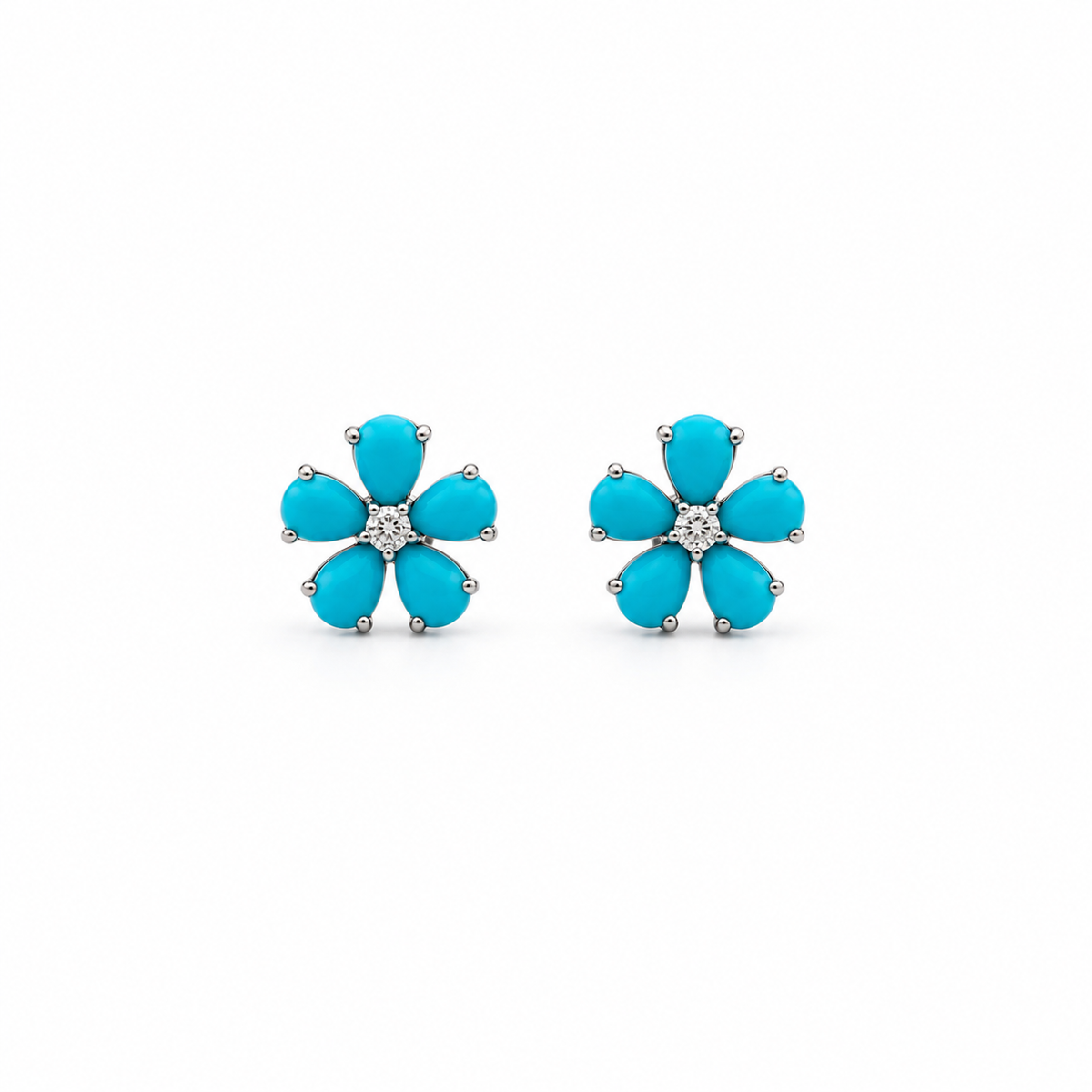 Turquoise Flower and Diamond Stud Earrings