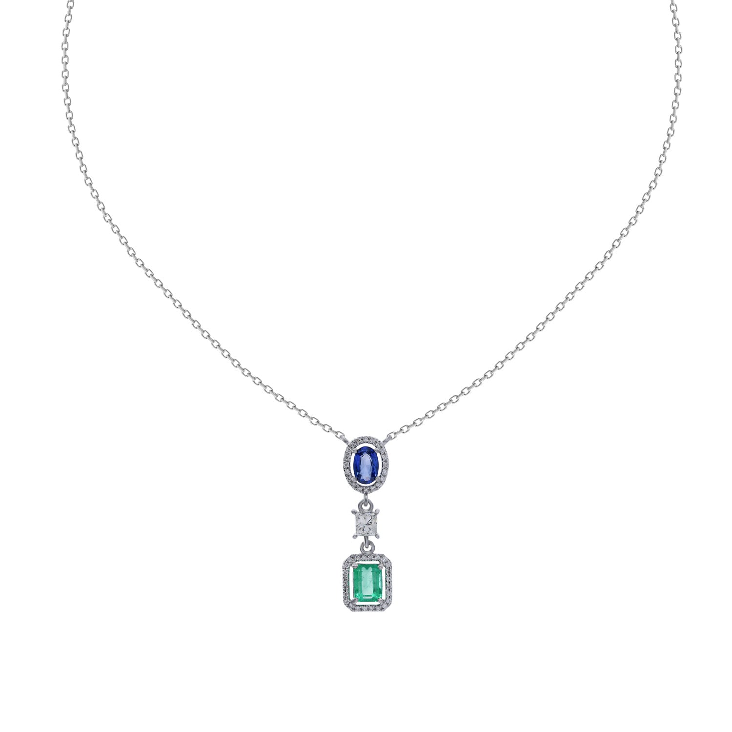 Diamond, sapphire and emerald necklace. Unique sapphire and emerald necklace. High end diamond necklace. Anatol jewellery. Diamond necklace. Κολιέ με μπριγιάν, ζαφείρι και σμαράγδι. Κολιέ με μπλε πέτρα. Κολιέ με πράσινι πέτρα. Ακριβό κολιέ. Ιδιέτερο κολιέ. Κολιέ χρυσό. Χρυσά κοσμήματα. Κολιέ με διαμάντια.