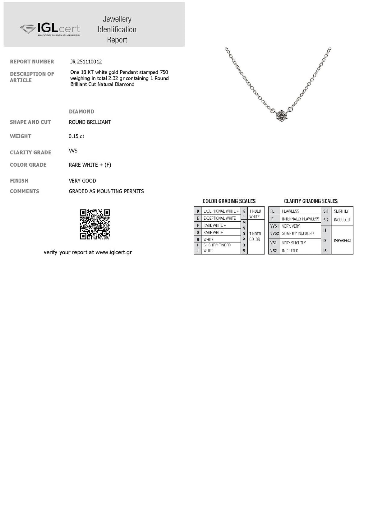 0.15CT, F, VVS DIAMOND NECKLACE