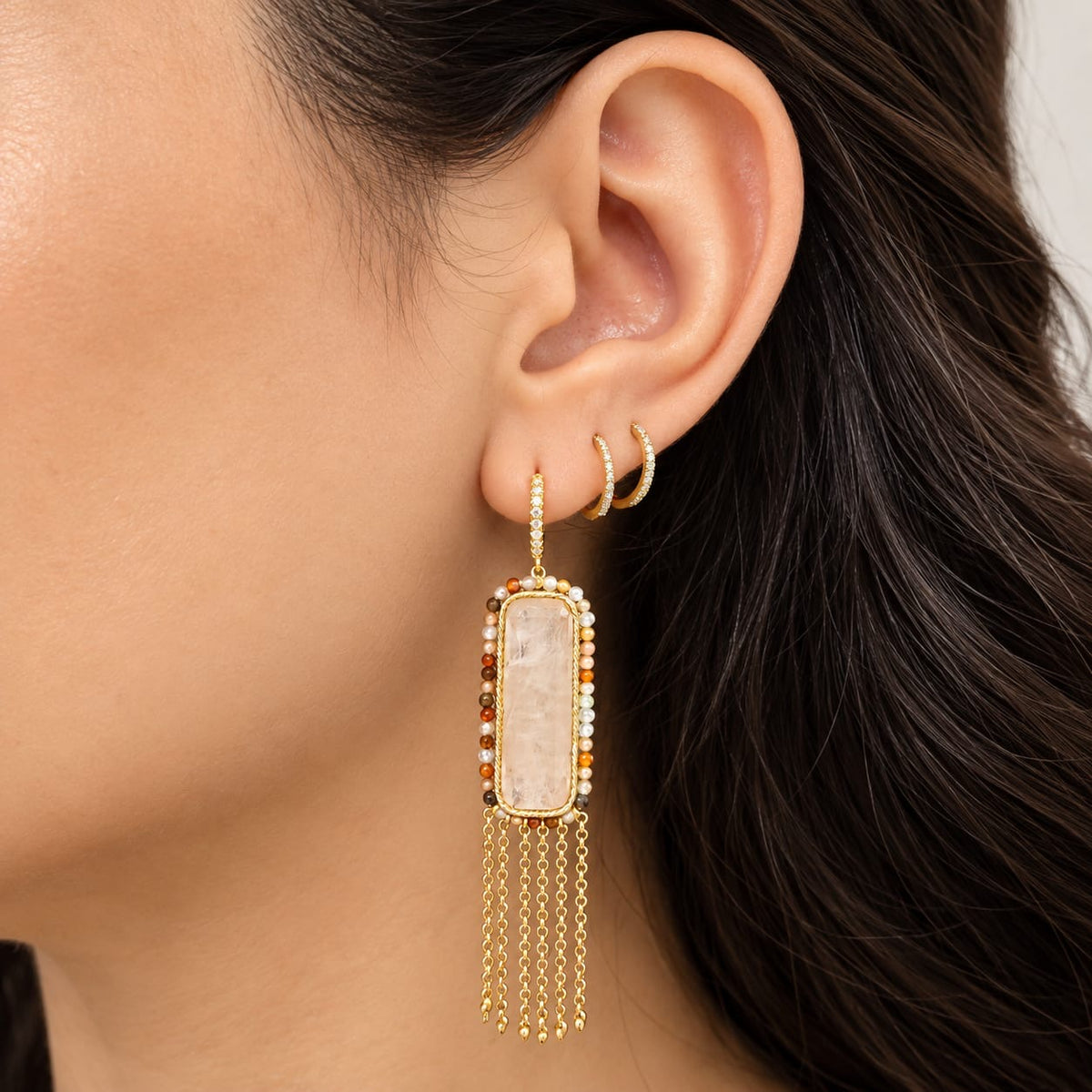 Multicolor Beaded Rectangular Drop Earrimgs