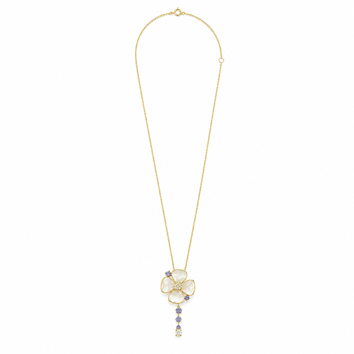 Luminous Mother of Pearl Petals Diamond and Sapphire Necklace