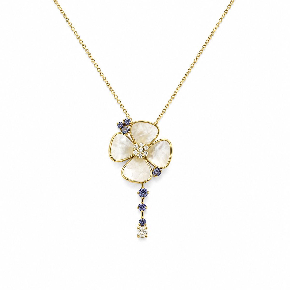 Luminous Mother of Pearl Petals Diamond and Sapphire Necklace