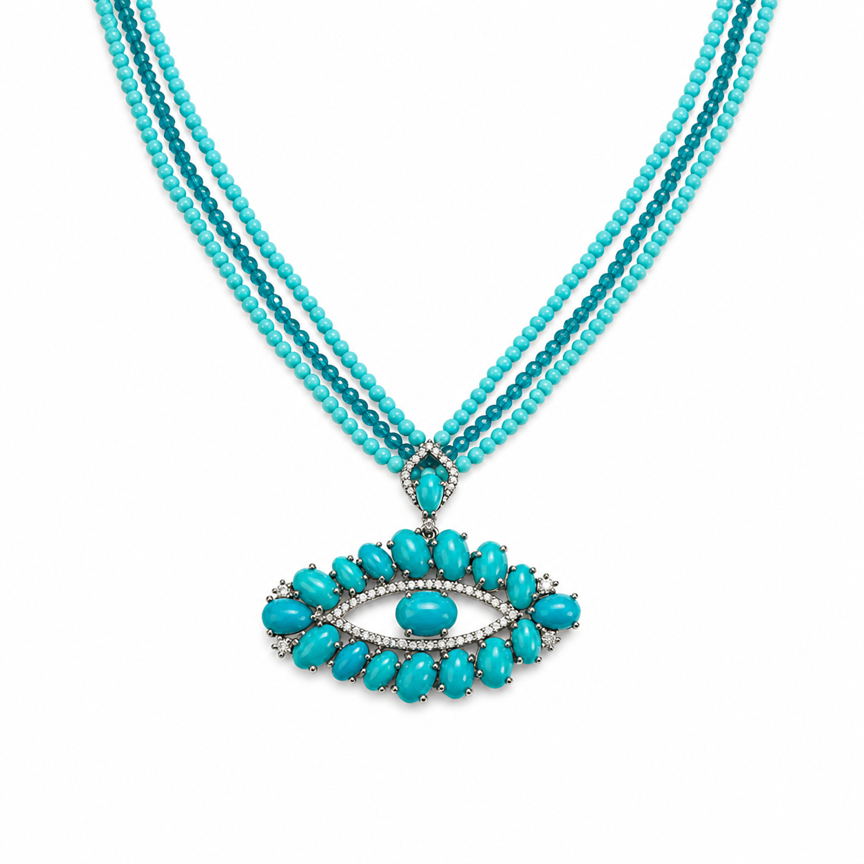 Turquoise and Diamond Evil Eye Pendant on a Triple-Beaded Chain