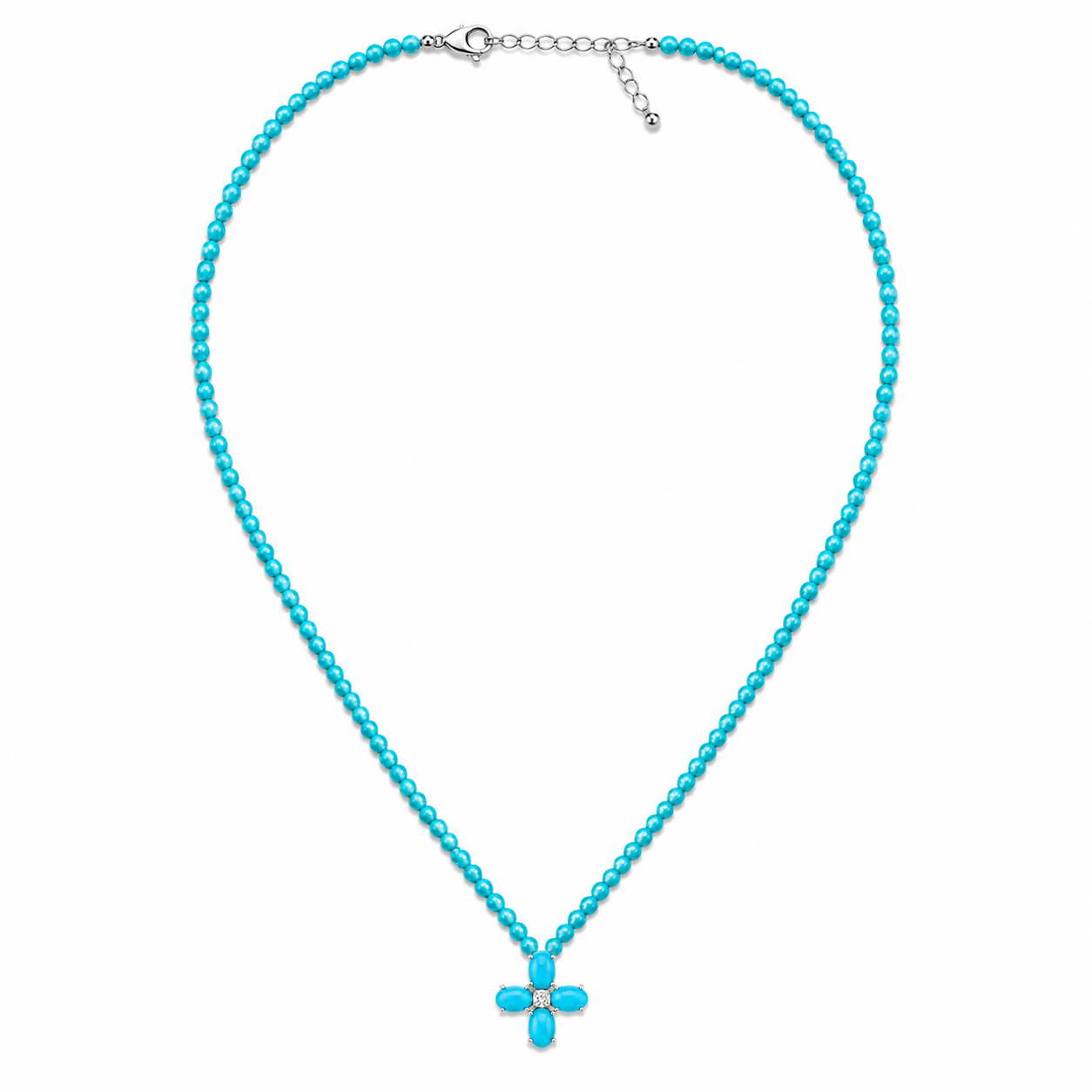 Turquoise and Diamond Floral Cross Turquoise Beaded Necklace