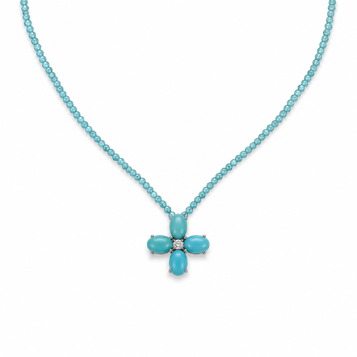 Turquoise and Diamond Floral Cross Apatite Beaded Necklace