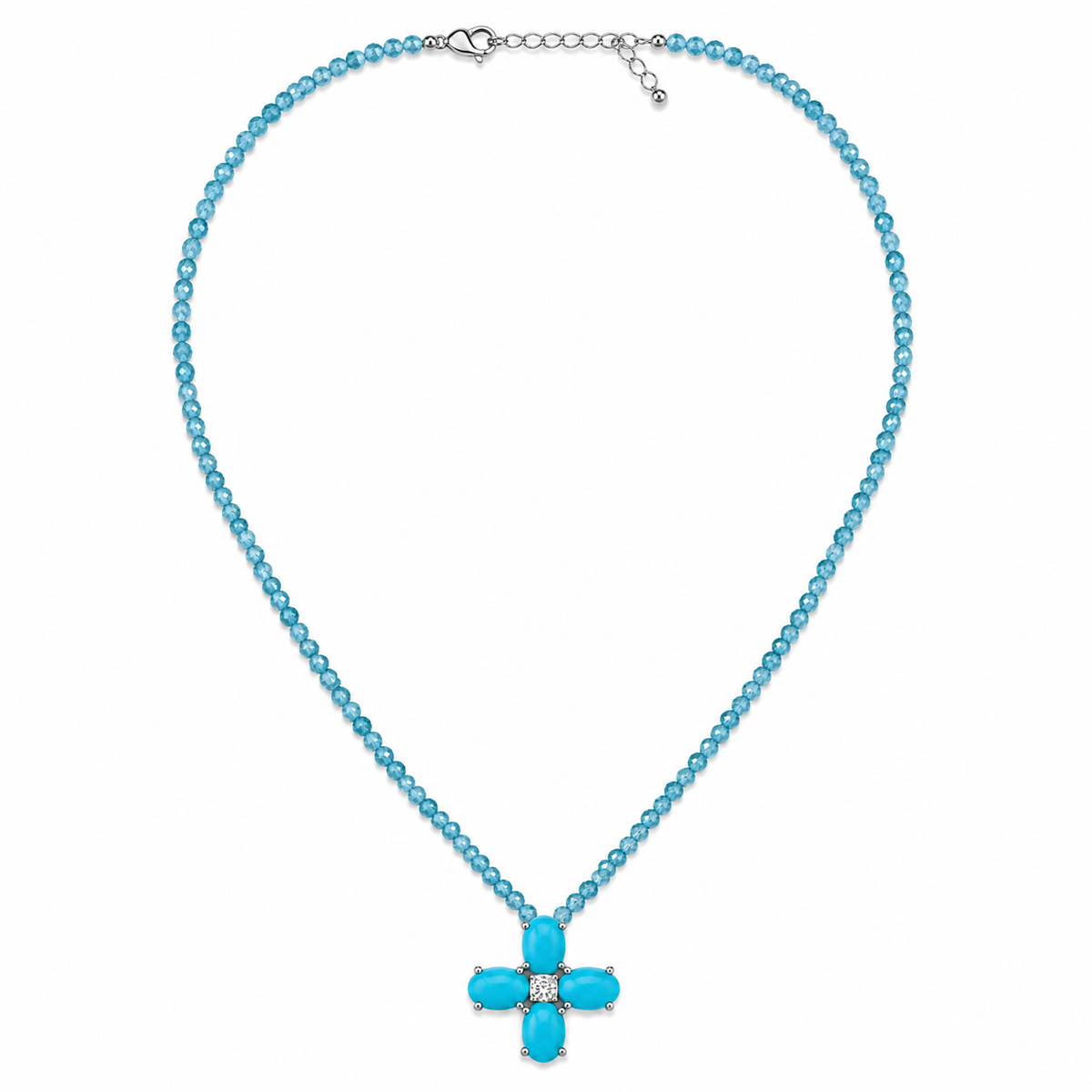 Turquoise and Diamond Floral Cross Apatite Beaded Necklace