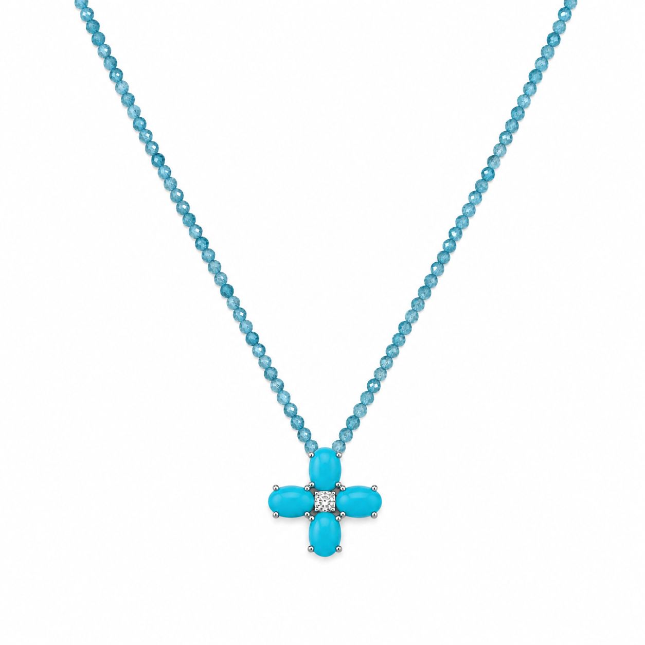Turquoise and Diamond Floral Cross Apatite Beaded Necklace