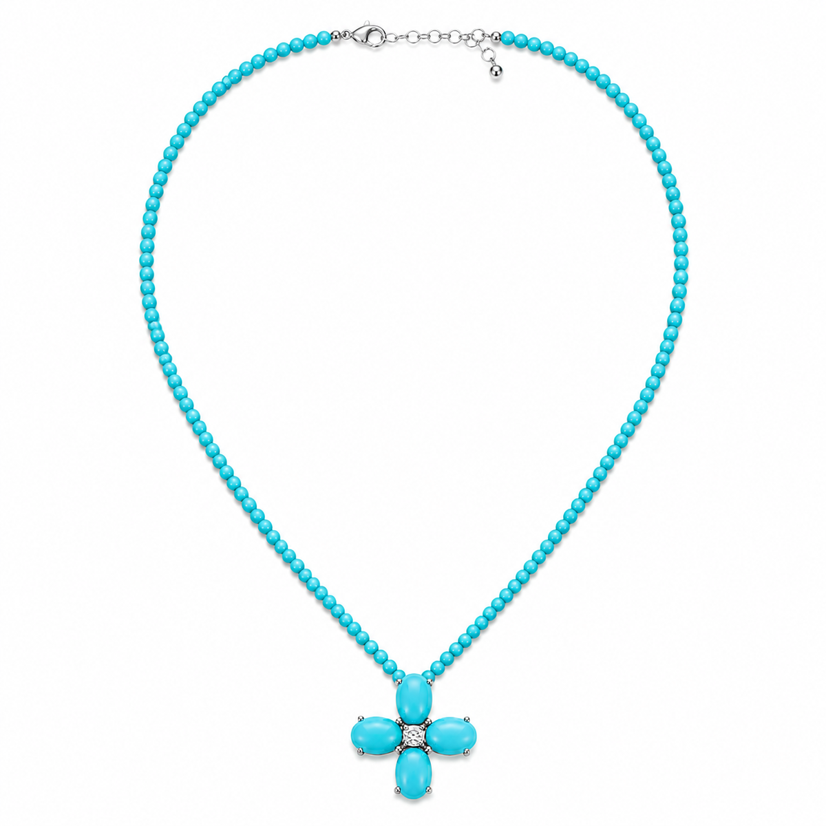 Turquoise and Diamond Floral Cross Beaded Necklace