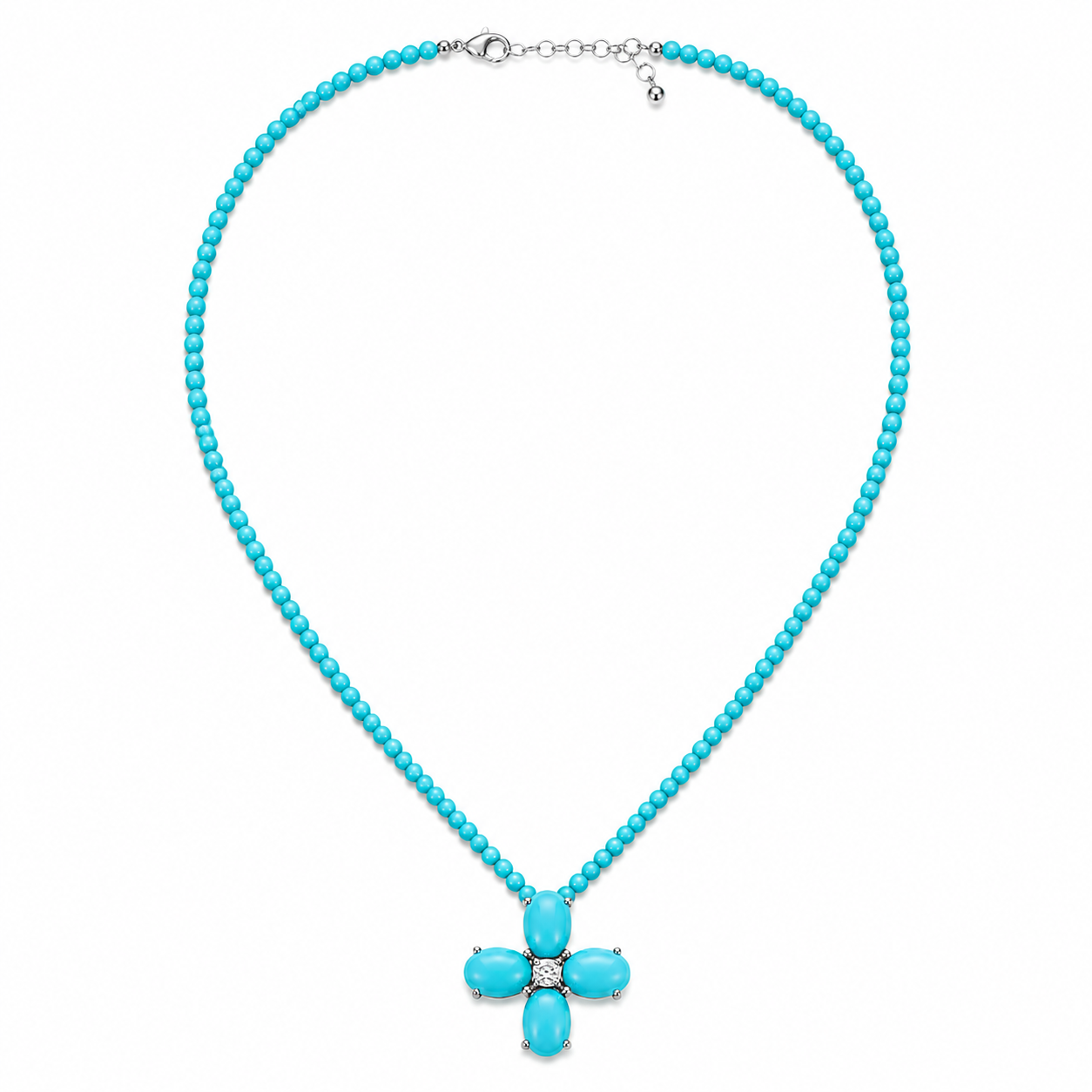 Turquoise and Diamond Floral Cross Beaded Necklace