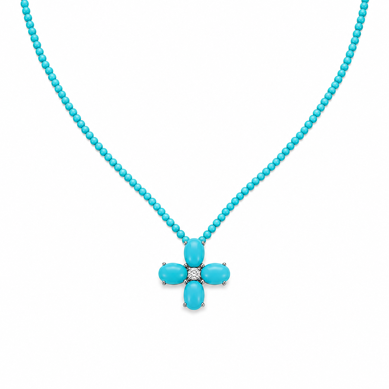 Turquoise and Diamond Floral Cross Beaded Necklace