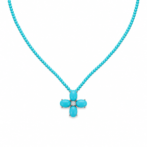 Turquoise and Diamond Floral Cross Beaded Necklace