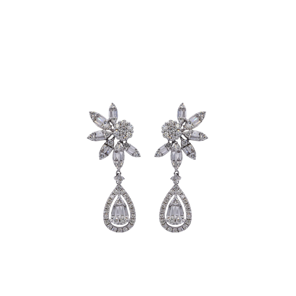 Pear shaped rosettes, made by baguette cut diamonds. 