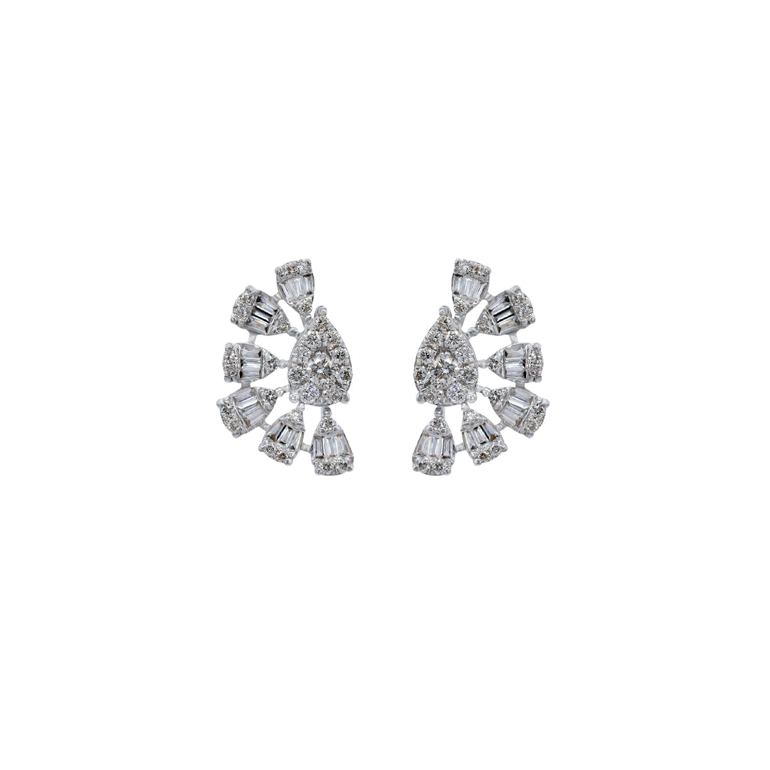 Pear shaped rosettes of diamonds. In 18k white gold
