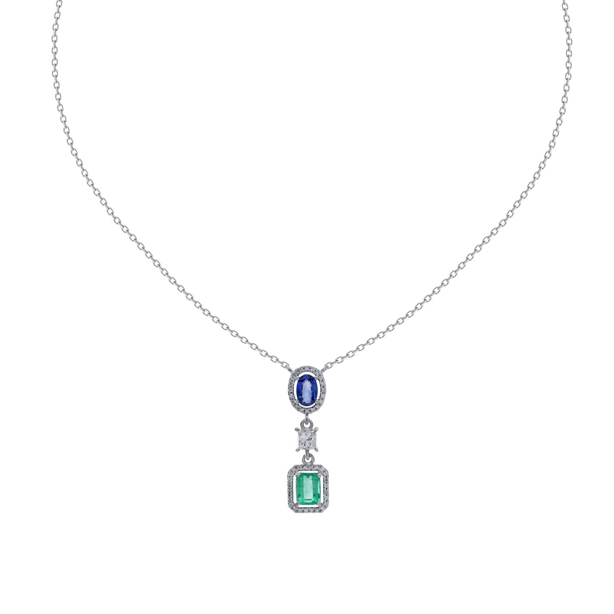 Diamond, sapphire and emerald necklace. Unique sapphire and emerald necklace. High end diamond necklace. Anatol jewellery. Diamond necklace. Κολιέ με μπριγιάν, ζαφείρι και σμαράγδι. Κολιέ με μπλε πέτρα. Κολιέ με πράσινι πέτρα. Ακριβό κολιέ. Ιδιέτερο κολιέ. Κολιέ χρυσό. Χρυσά κοσμήματα. Κολιέ με διαμάντια.