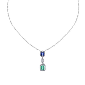 Diamond, sapphire and emerald necklace. Unique sapphire and emerald necklace. High end diamond necklace. Anatol jewellery. Diamond necklace. Κολιέ με μπριγιάν, ζαφείρι και σμαράγδι. Κολιέ με μπλε πέτρα. Κολιέ με πράσινι πέτρα. Ακριβό κολιέ. Ιδιέτερο κολιέ. Κολιέ χρυσό. Χρυσά κοσμήματα. Κολιέ με διαμάντια.
