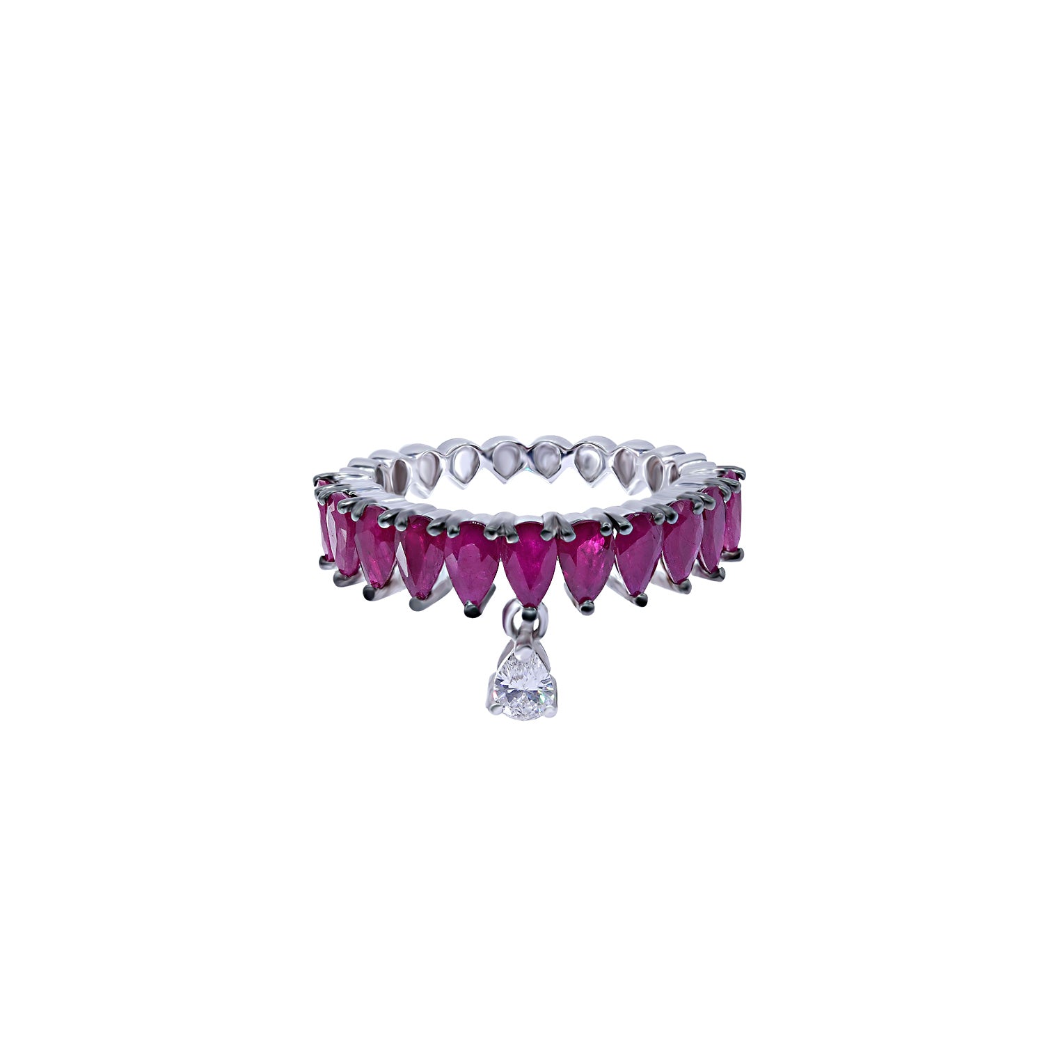 Diamond and ruby ring. Diamond drop ring. Pear shaped diamond ring. Eternity ring.