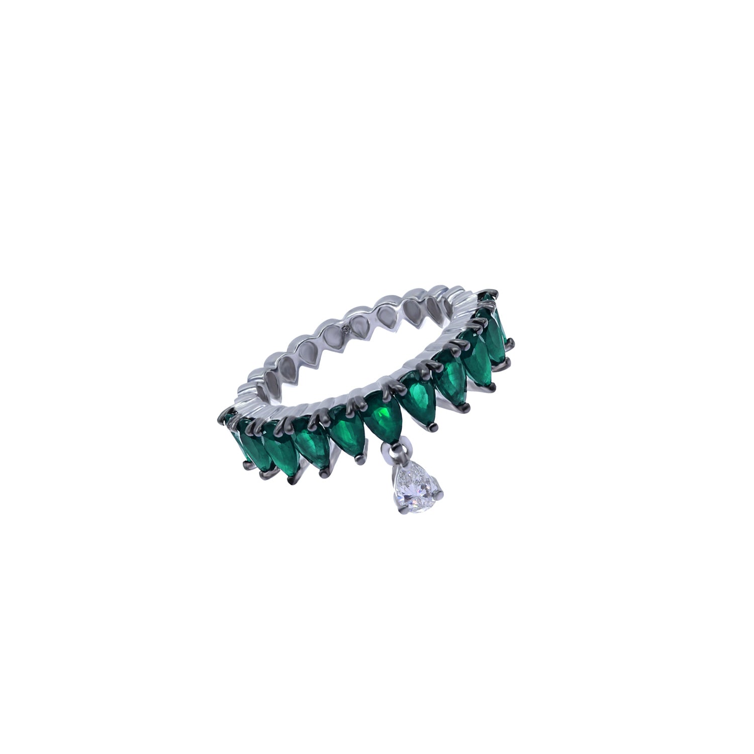 Diamond and emerald ring. Eternity ring. Diamond drop ring. Pear shaped diamond ring.